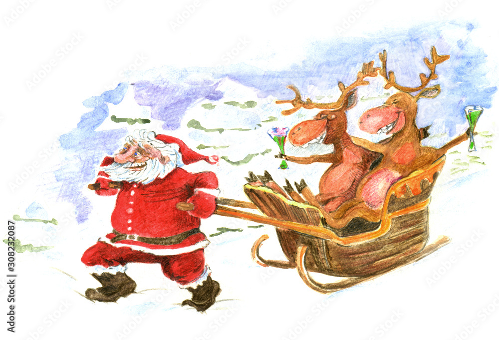 Santa Claus pull sleds with two reindeer drinking cocktails