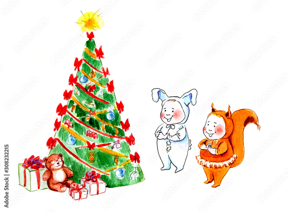 Children smile and clapping around the Christmas Tree