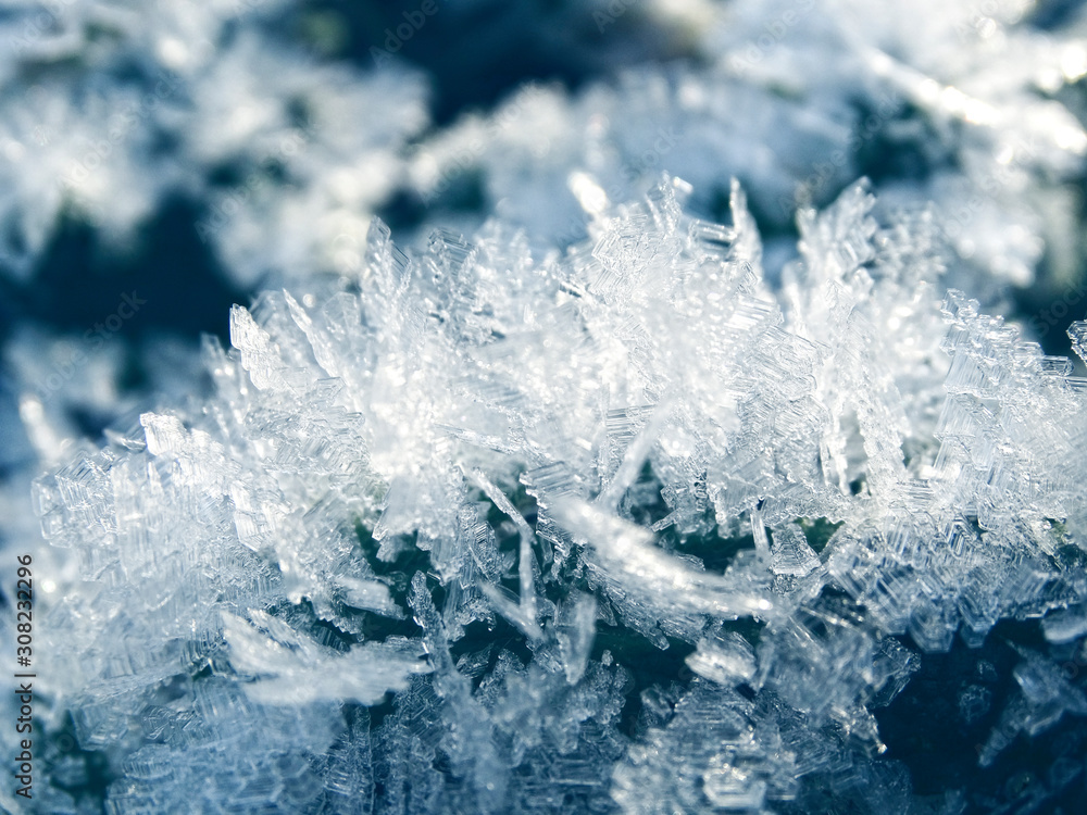 Fototapeta premium winter background with snowflakes crystals patterns and snow on frozen grass