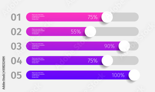 Modern colorful purple and blue gradient 3d chart, graph. Template for horizontal diagram, presentation. 5 Infographics elements. Vector illustration