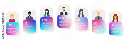 Business hierarchy infographics. Corporate organizational structure elements. Company organization branches template, vector banners in purple and blue gradient design style with human silhouettes.
