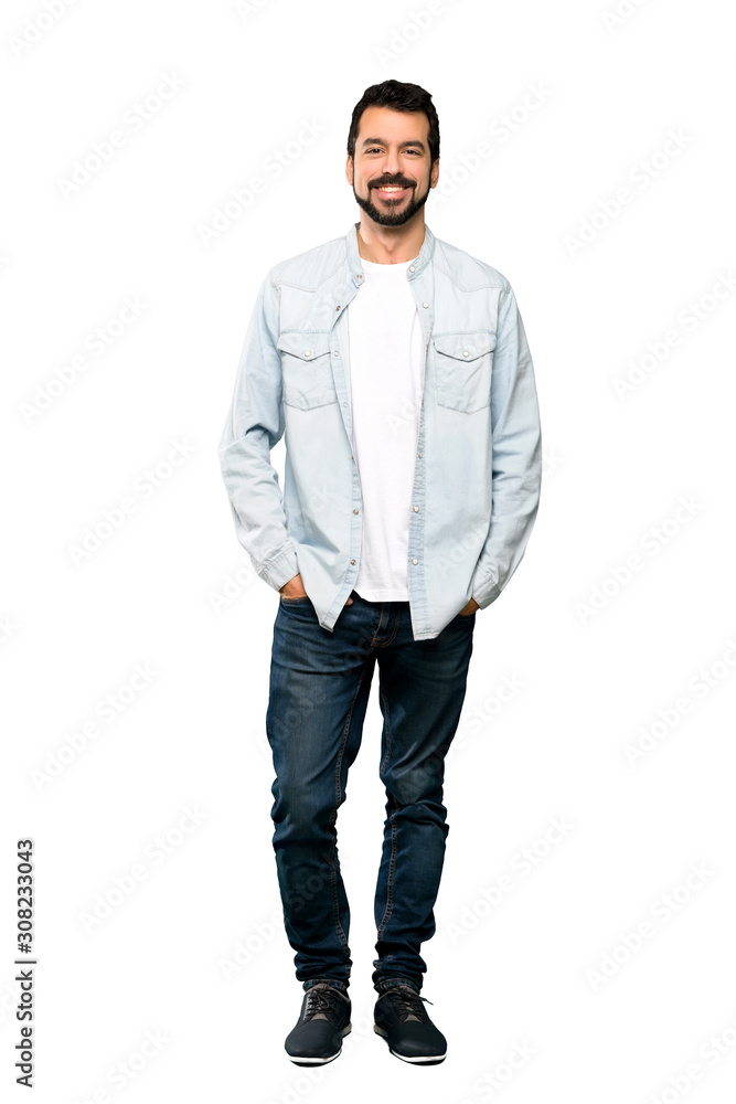 Full-length shot of Handsome man with beard laughing over isolated white background Full-length shot of Handsome man with beard laughing over isolated white background