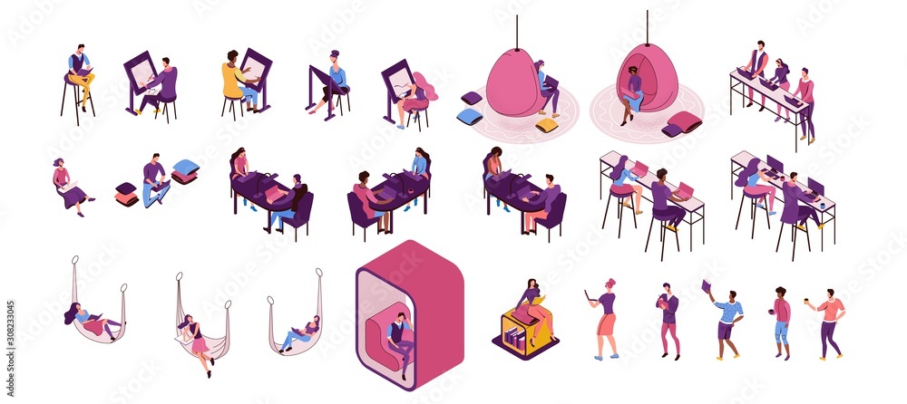 Freelancer isolated set, man working in office, lying in hammock, people with laptop in coworking space at high tables, hanging egg chair, sitting on sofa, modern graphic vector illustration