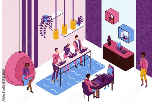 Coworking space interior, creative and office people work in open workspace, freelancer with laptop, modern environment, loft style place, vector illustration