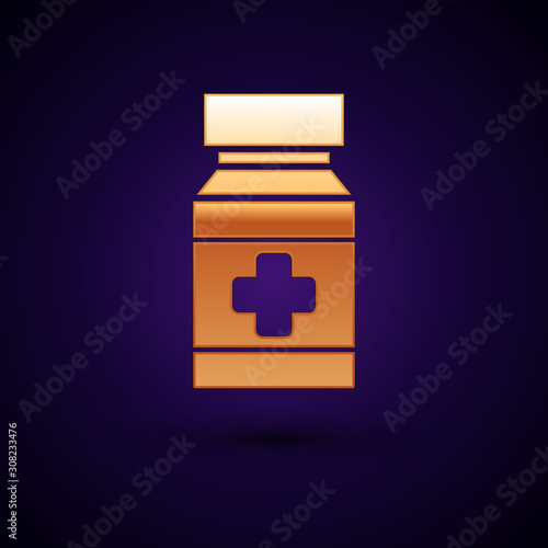 Gold Dog medicine bottle and pills icon isolated on dark blue background. Container with pills. Prescription medicine for animal. Vector Illustration