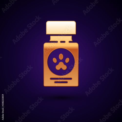 Gold Dog medicine bottle and pills icon isolated on dark blue background. Container with pills. Prescription medicine for animal. Vector Illustration