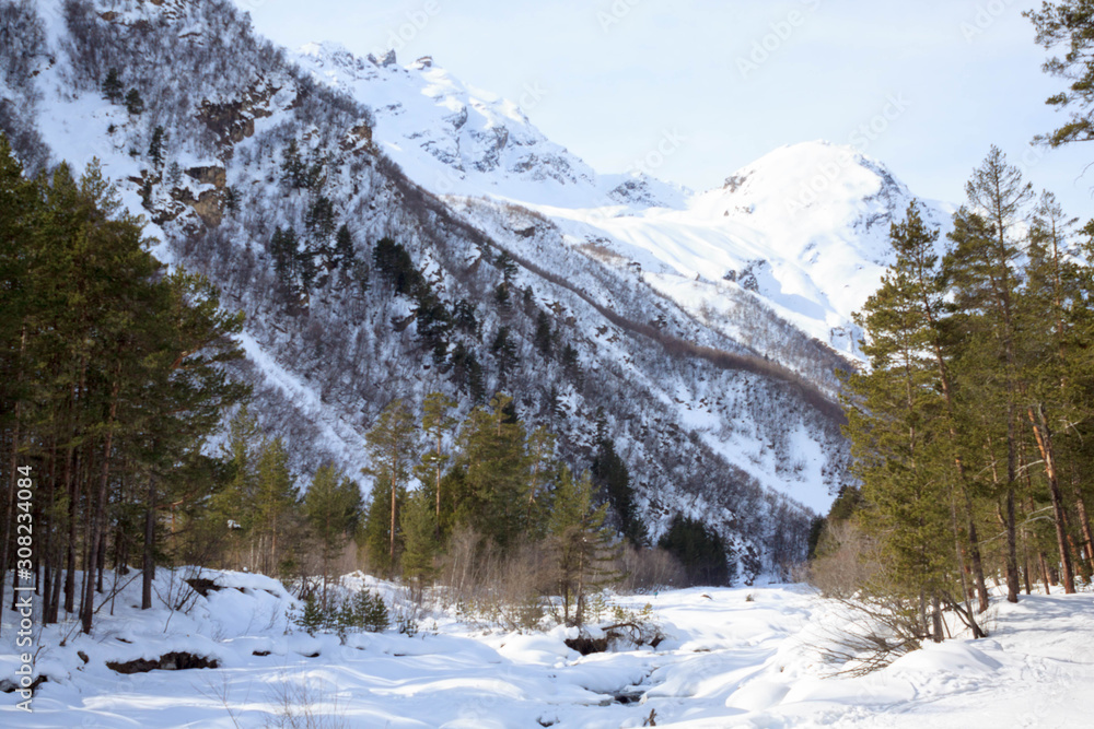 Winter snow forest landscape and river Baksan on mountain Elbrus, ski resort, the Republic of Kabardino-Balkaria, Russia. Winter snow forest landscape and river Baksan on mountain Elbrus, ski resort, the Republic of Kabardino-Balkaria, Russia.