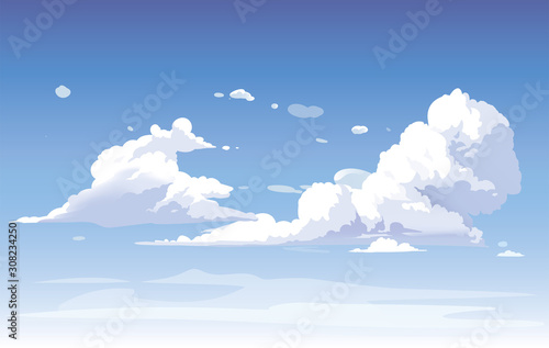Vector blue sky clouds. Anime clean style. Background design