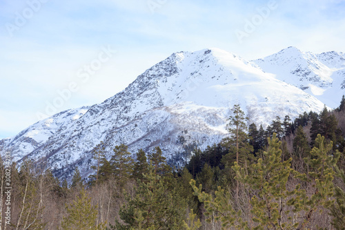 Winter snow forest landscape on mountain Elbrus, ski resort, the Republic of Kabardino-Balkaria, Russia.