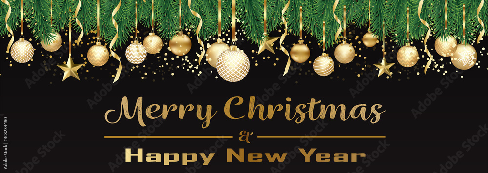 Bannière ou carte de noël et nouvel an - Merry Christmas and Happy new year sapin boules dorés – serpentin étoile confettis fond noir - obrazy, fototapety, plakaty 