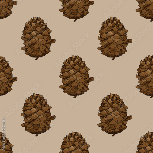 Seamless pattern of brown fir cone
