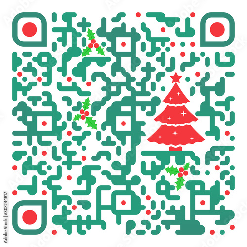 Happy New year and Merry Christmas congratulations. Text message qr code. Decorated with a images of a red Christmas tree and holly leaves. Change colors with care!