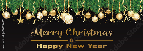 Bannière ou carte de noël et nouvel an - Merry Christmas and Happy new year sapin boules dorés – serpentin étoile confettis fond noir