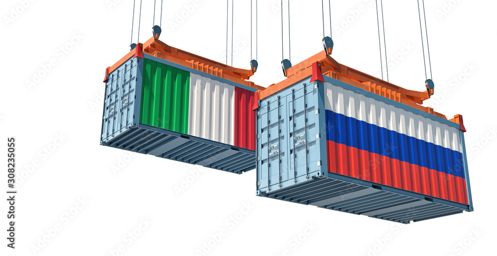 Freight container with Italy and Russia national flag - isolated on white. 3d rendering 