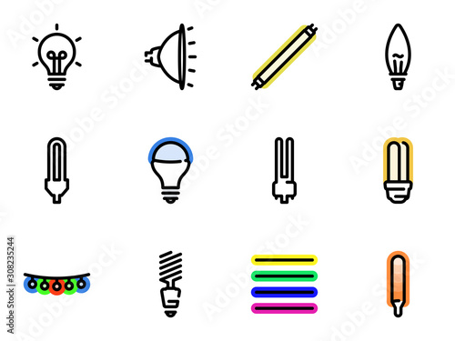 Set of black vector icons, isolated against white background. Illustration on a theme Types of Bulbs