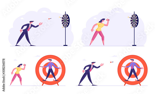 Set of Businesspeople Aiming Darts to Target. Office Workers Business Goals Achievement. Financial Aim Strategy, Corporate Mission Challenge, Leadership Task Solution Cartoon Flat Vector Illustration