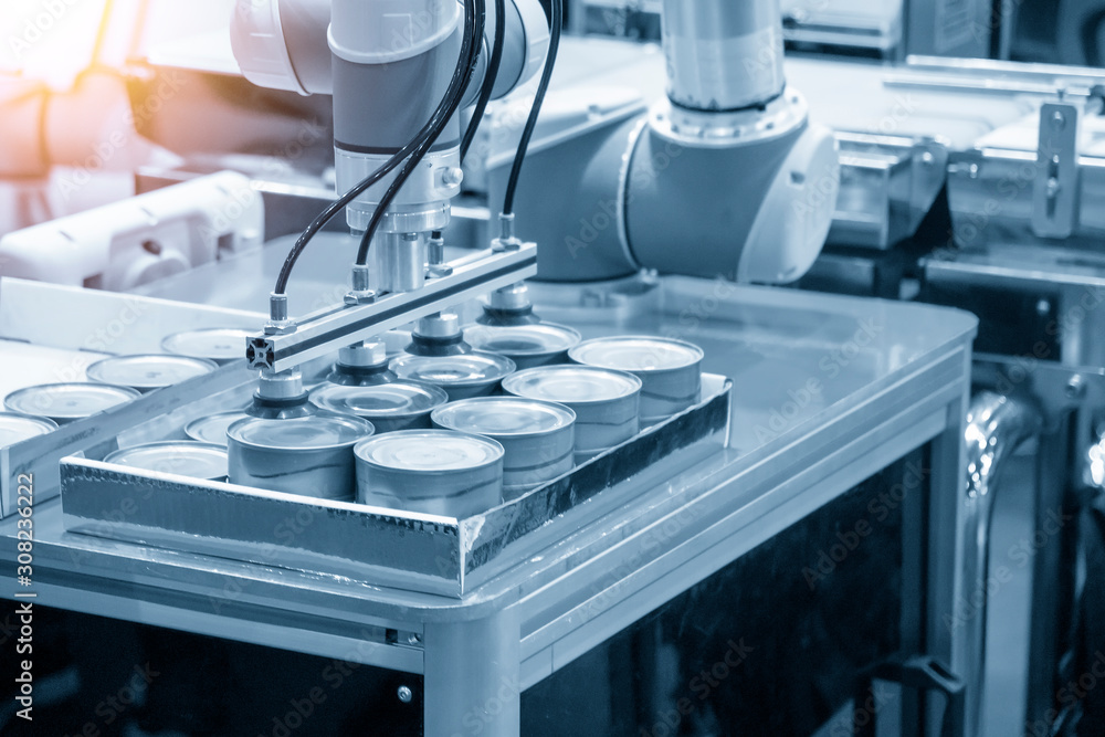 The food packaging manufacturing process in the light blue scene. The