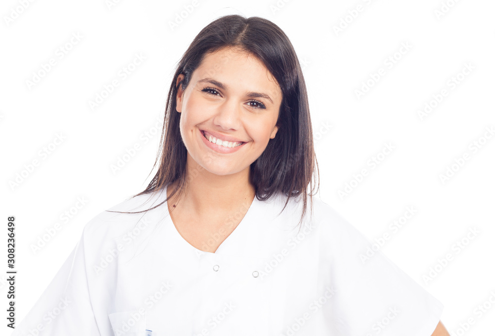 portrait of smiling nurse or brunette doctor in white coat portrait of smiling nurse or brunette doctor in white coat
