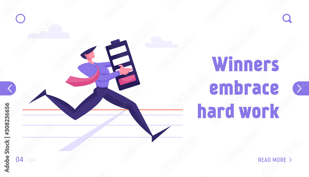 Obraz premium Challenge for Job Leadership Website Landing Page. Exhausted Businessman Running on Stadium with Huge Battery with Red Low Energy Indicator in Hands Web Page Banner. Cartoon Flat Vector Illustration