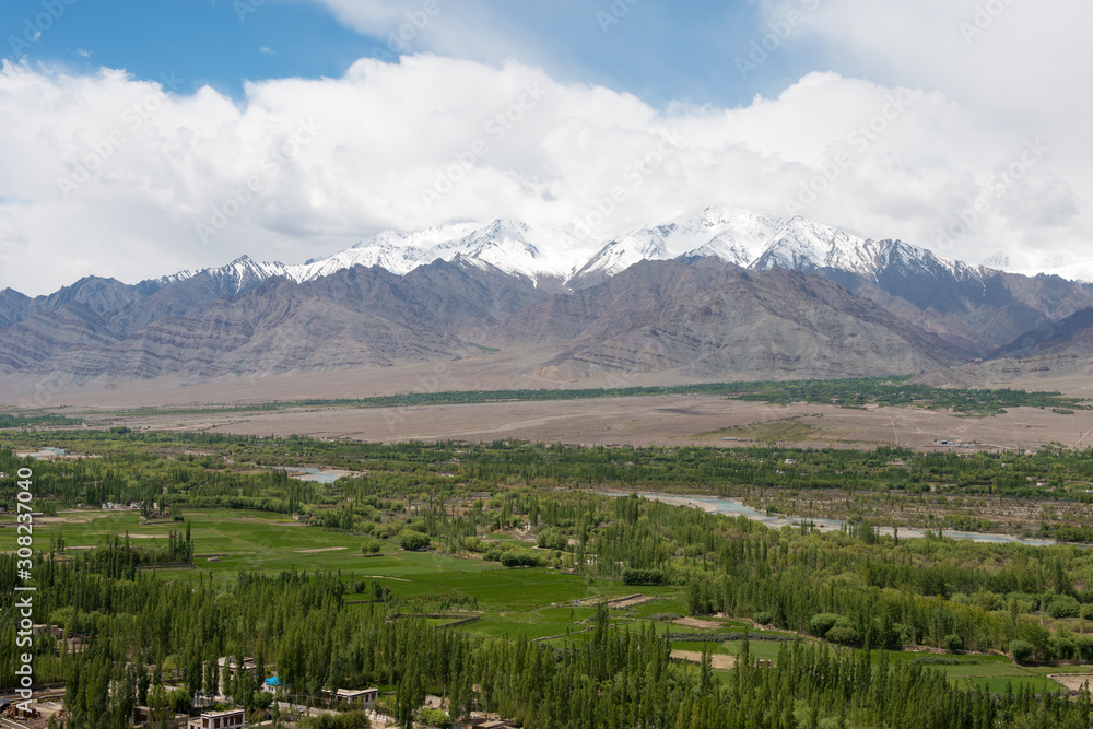 Ladakh, India - Jun 27 2019 - Beautiful scenic view from Thikse Monastery (Thikse  Gompa) in Ladakh, Jammu and Kashmir, India.