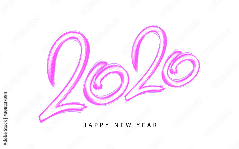 2020 happy new year card, banner. Creative holiday poster. Hand drawn design pink colour pencils numbers. Handwritten modern brush lettering background isolated vector. Style neo-geometric