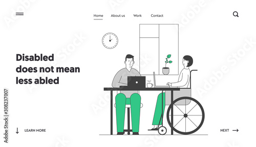 Job for People with Physical Disability Website Landing Page. Disabled Young Woman in Wheelchair Working in Office with Healthy Colleague Web Page Banner. Cartoon Flat Vector Illustration, Line Art