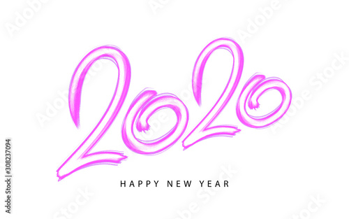 2020 happy new year card, banner. Creative holiday poster. Hand drawn design pink colour pencils numbers. Handwritten modern brush lettering background isolated vector. Style neo-geometric