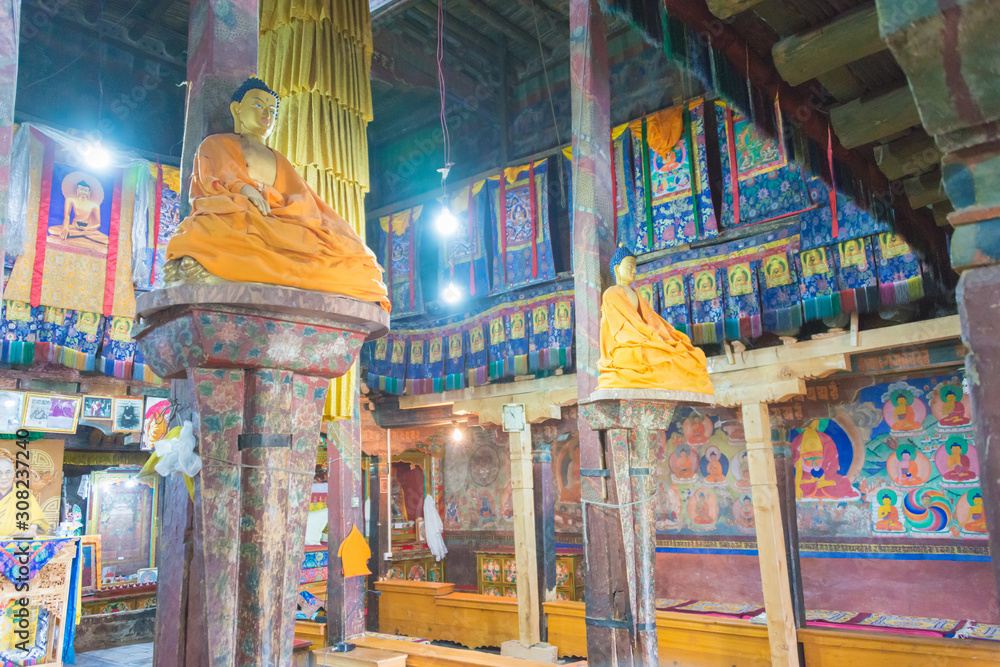Obraz premium Ladakh, India - Jun 27 2019 - Buddha Statue at Thikse Monastery (Thikse Gompa) in Ladakh, Jammu and Kashmir, India.