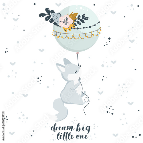 poster with fox and balloon - vector illustration, eps