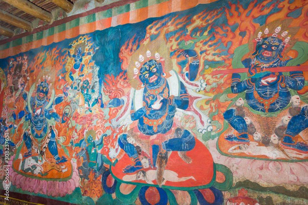 Ladakh, India - Jun 27 2019 - Ancient Mural at Thikse Monastery (Thikse  Gompa) in Ladakh, Jammu and Kashmir, India. The Monastery was originally built in 15th century.