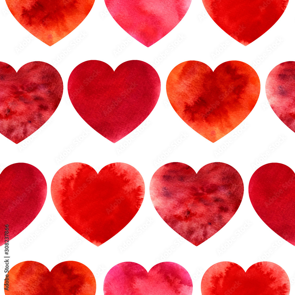 seamless watercolor heart pattern. red.