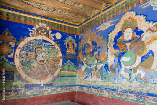 Ladakh, India - Jun 27 2019 - Ancient Mural at Thikse Monastery (Thikse Gompa) in Ladakh, Jammu and Kashmir, India. The Monastery was originally built in 15th century.