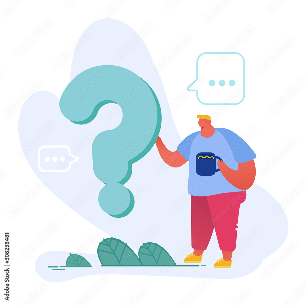 Thoughtful and Doubtful Male Character Stand near Huge Question Mark with Cup of Coffee in Hand Thinking or Searching Problem Solution. Man Using Faq Service Concept. Cartoon Flat Vector Illustration Thoughtful and Doubtful Male Character Stand near Huge Question Mark with Cup of Coffee in Hand Thinking or Searching Problem Solution. Man Using Faq Service Concept. Cartoon Flat Vector Illustration