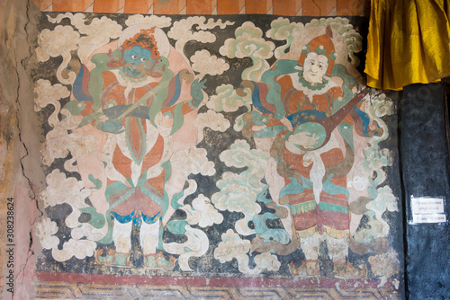 Ladakh, India - Jun 27 2019 - Ancient Mural at Thikse Monastery (Thikse Gompa) in Ladakh, Jammu and Kashmir, India. The Monastery was originally built in 15th century.