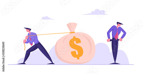 Poor Confused Businessman Stand with Empty Pockets while his Opponent or Creditor Pulling Huge Sack Full of Money. Gambling, Economy Crisis or Bankruptcy Concept. Cartoon Flat Vector Illustration