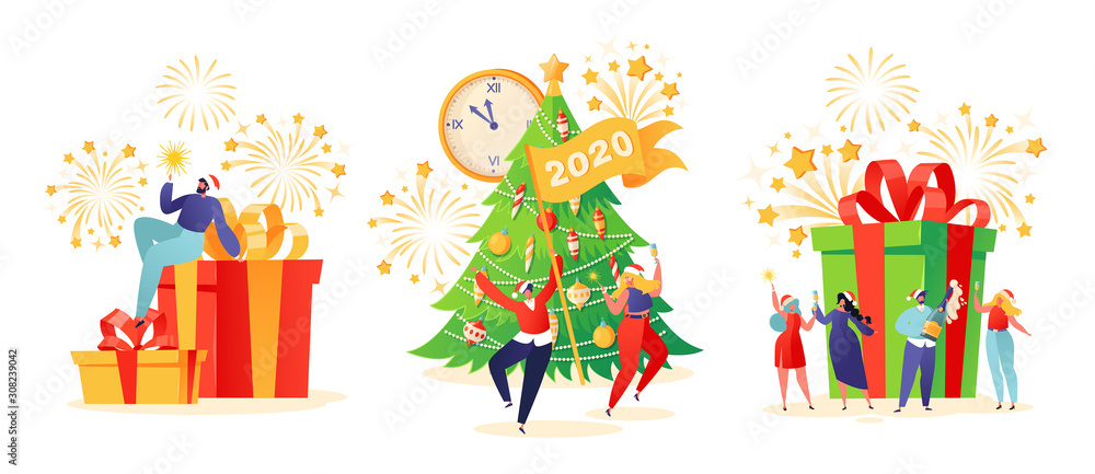 Set of flat cartoon people characters with holiday scenes. Women and men dancing and having fun, drinking champagne, give presents. People in anticipation of the celebration of Christmas and New Year.