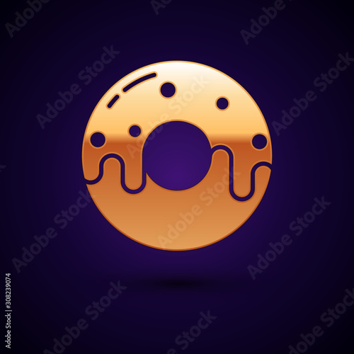 Gold Donut with sweet glaze icon isolated on dark blue background. Vector Illustration