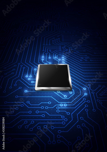 CPU chip and circuit board. Blue microprocessor background.