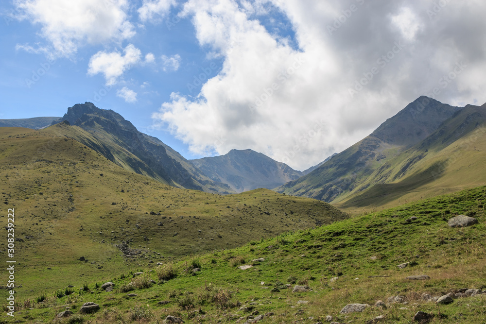 Panorama view of mountains scenes in national park Dombay, Caucasus