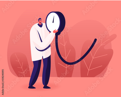Tiny Doctor Holding Huge Manometer Device, Part of Tonometer for Checking Systolic and Diastolic and Measuring Arterial Blood Pressure. Cardiology Diseases Concept. Cartoon Flat Vector Illustration