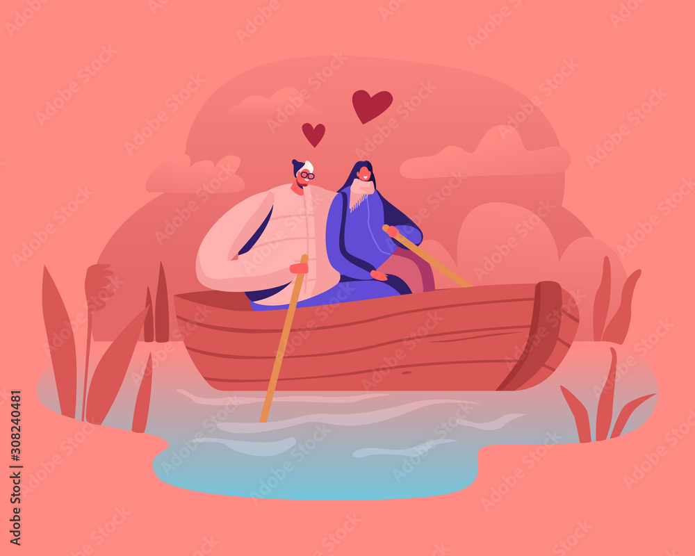 Young Happy Couple of Man and Woman Floating Boat at Water Surface. Male and Female Characters Hugging, Rowing with Paddle. Summertime Vacation Loving People Sparetime Cartoon Flat Vector Illustration