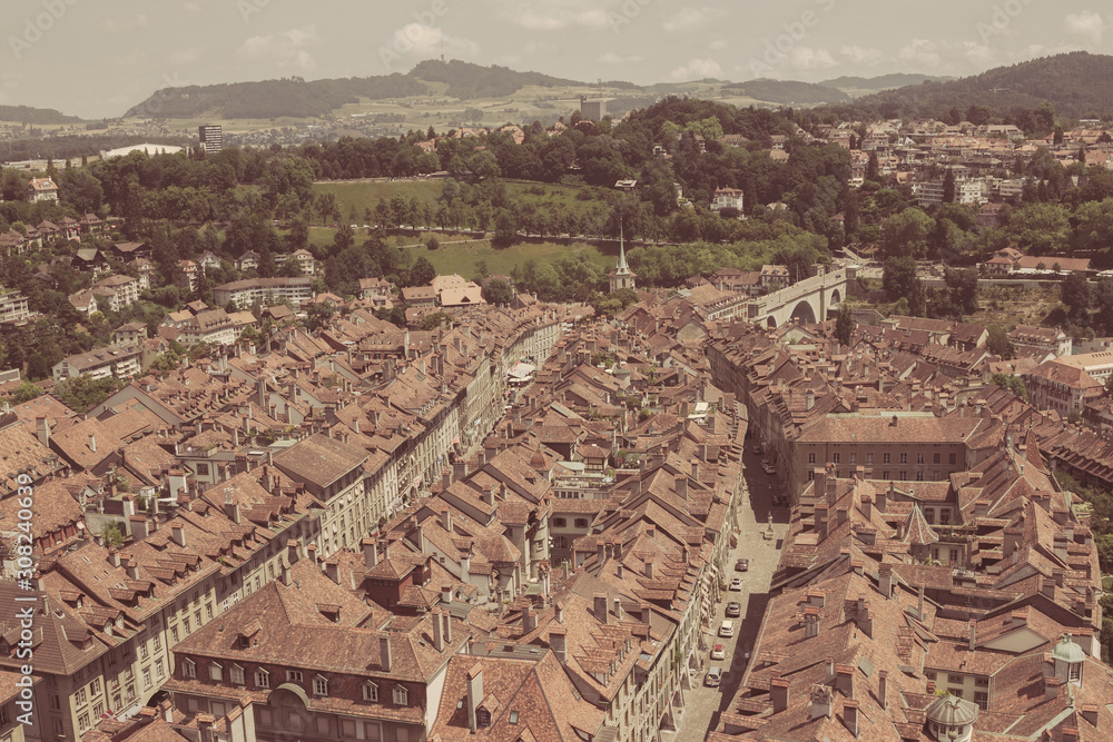 Aerial panorama of historic Bern city center from Bern Minster, Switzerland Aerial panorama of historic Bern city center from Bern Minster, Switzerland