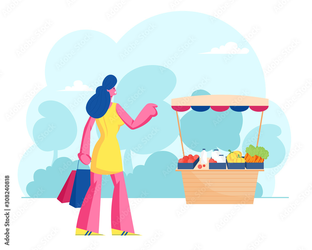Woman Buyer Stand at Desk with Farmer Fresh Vegetables on Market