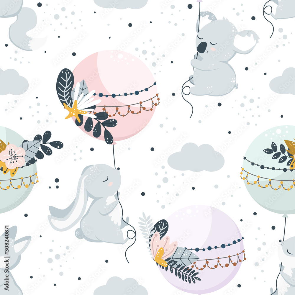 Foto seamless pattern with flying animals on balloons - vector illustration, eps