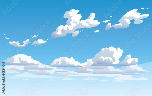 Vector blue cloudy sky. Anime clean style. Background design