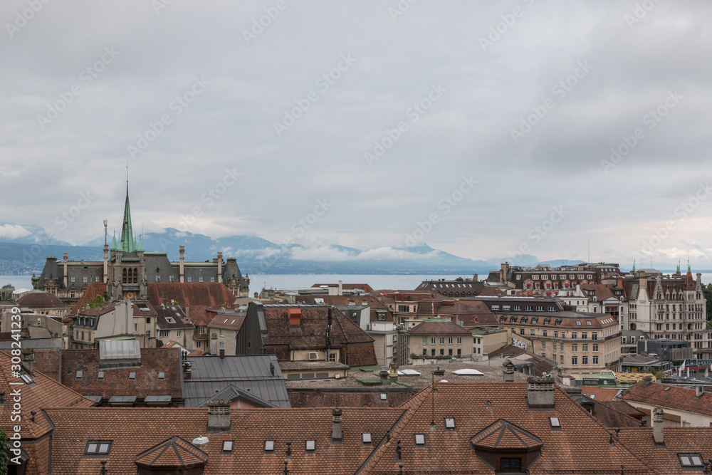 Panoramic view of historic Lausanne city center, Switzerland, Europe