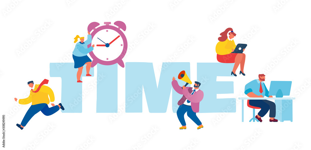 Time Management Concept. Tiny Businesspeople with Digital Devices, Megaphone and Clock around Huge Typography Hurry at Work, Deadline Poster Banner Flyer Brochure. Cartoon Flat Vector Illustration