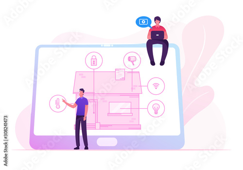 Men with Tablet App for Smart House Technology System with Centralized Control of Lighting, Heating, Ventilation and Air Conditioning, Security and Video Surveillance. Cartoon Flat Vector Illustration