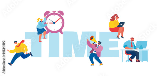 Time Management Concept. Tiny Businesspeople with Digital Devices, Megaphone and Clock around Huge Typography Hurry at Work, Deadline Poster Banner Flyer Brochure. Cartoon Flat Vector Illustration