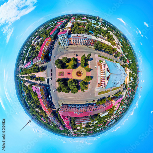 Beautiful futuristic panoramic (360 spherical panorama little planet) aerial drone view to city of Ust-Kamenogorsk (KZ: Oskemen), East Kazakhstan (Qazaqstan)